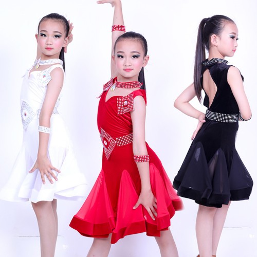 Girls competition latin dress for kids children black red diamond velvet ballroom salsa rumba chacha dancing costumes dresses